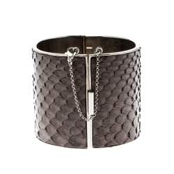 Celine Grey Python Leather Silver Tone Wide Cuff Bracelet