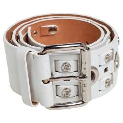 Pre Owned Celine White Leather Eyelet and Stud Detail Buckle Belt 90CM