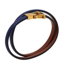 Pre Owned Celine Blue Leather Gold Tone Triple Tour Wrap Bracelet M
