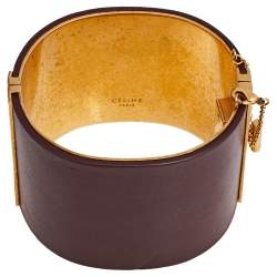 Pre Owned Céline Burgundy Leather Gold Tone Wide Cuff Bracelet M