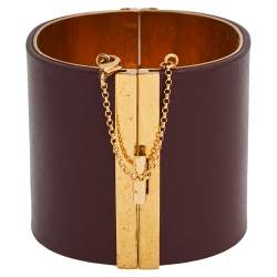 Pre Owned Céline Burgundy Leather Gold Tone Wide Cuff Bracelet M
