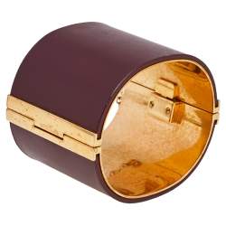 Pre Owned Céline Burgundy Leather Gold Tone Wide Cuff Bracelet M