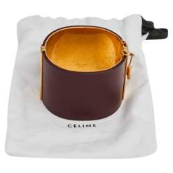 Pre Owned Céline Burgundy Leather Gold Tone Wide Cuff Bracelet M