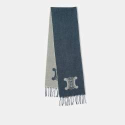 Pre Owned Celine Indigo Logo Jacquard Wool Cashmere Frimged Stole