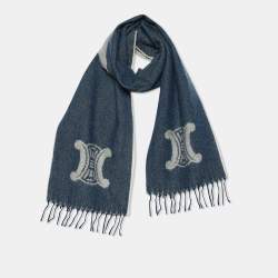 Pre Owned Celine Indigo Logo Jacquard Wool Cashmere Frimged Stole