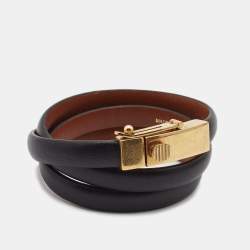 Pre Owned Celine Black Leather Gold Tone Triple Tour Wrap Bracelet 