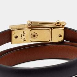 Pre Owned Celine Black Leather Gold Tone Triple Tour Wrap Bracelet 