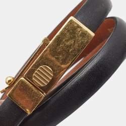 Pre Owned Celine Black Leather Gold Tone Triple Tour Wrap Bracelet 