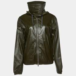 Pre Owned Celine Green Leather Hooded Zip-Up Jacket M
