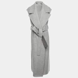 Pre Owned Celine Grey Wool and Leather Side Slit Detailed Belted Coat S