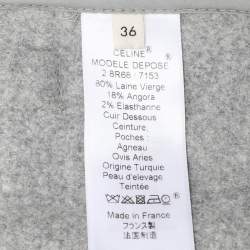 Pre Owned Celine Grey Wool and Leather Side Slit Detailed Belted Coat S