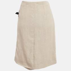 Pre Owned Celine Beige Linen & Leather Paneled Wrap Skirt M