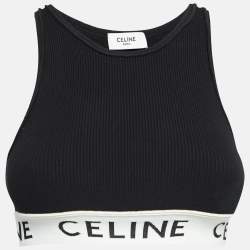 Celine Black Rib Knit Logo Tape Detail Crop Tank Top S