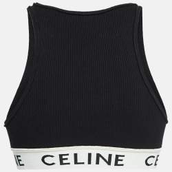 Celine Black Rib Knit Logo Tape Detail Crop Tank Top S