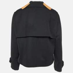 Pre Owned Celine Black Wool Embossed Leather Trim Collar Short Coat M