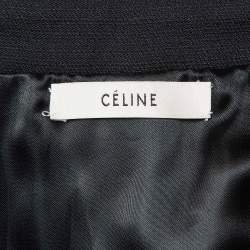 Pre Owned Celine Black Wool Embossed Leather Trim Collar Short Coat M