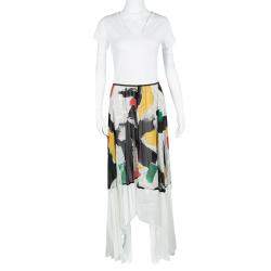 Celine SS'14 Multicolor Printed Mulberry Silk Contrast Bottom Asymmetric Skirt M
