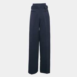 Pre Owned Celine Navy Blue Gabardine Belted High-Rise Pants S
