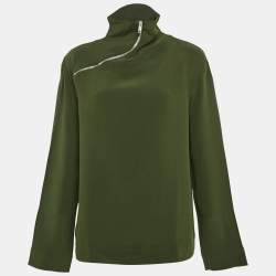 Pre Owned Celine Green Silk Zip Detail High Neck Top M