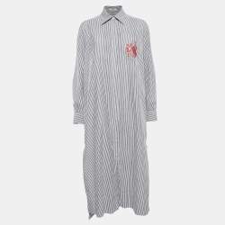 Pre Owned Celine Blue/White Stripe Embroidered Cotton Midi Shirt Dress M