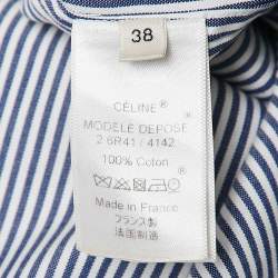 Pre Owned Celine Blue/White Stripe Embroidered Cotton Midi Shirt Dress M