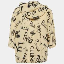 Celine Beige Logo Scribble Print Silk Hooded Blouse S