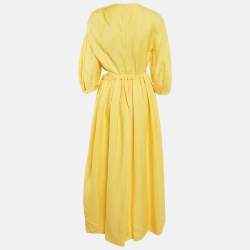 Celine Yellow Linen Blend Pleated Cut-Out Maxi Dress M
