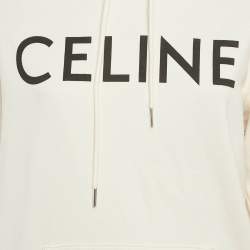 Pre Owned Celine Off-White Logo Print Cotton Knit Hoodie XS