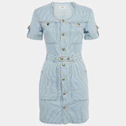 Celine Blue/White Stripe Cotton Button Front Belted Trapeze Mini Dress XS