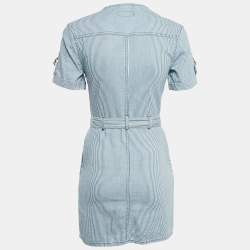 Celine Blue/White Stripe Cotton Button Front Belted Trapeze Mini Dress XS