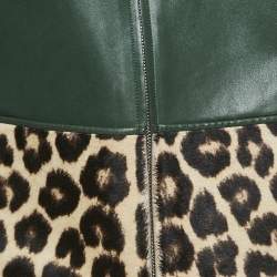 Celine Green Leather Leopard Print Fur Patch Detail Zip-Up Jacket S