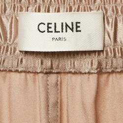 Pre Owned Celine Metallic Beige Satin Logo Applique Detail Side Trimmed Trousers M