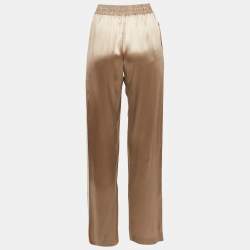 Pre Owned Celine Metallic Beige Satin Logo Applique Detail Side Trimmed Trousers M