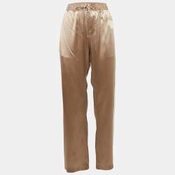 Pre Owned Celine Metallic Beige Satin Logo Applique Detail Side Trimmed Trousers M