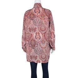 Pre Owned Celine Multicolor Printed Mulberry Silk Neck Tie Detail Long Sleeve High Low Tunic M