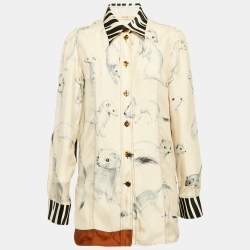 Celine Cream Printed Silk Button Front Shirt M