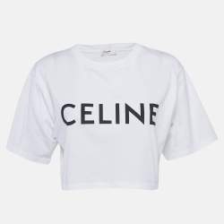 Pre Owned Celine White Logo Print Cotton Knit Crew Neck Crop Top S