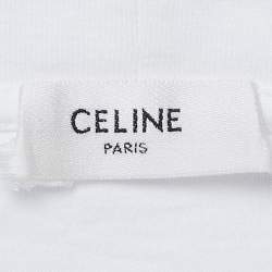 Pre Owned Celine White Logo Print Cotton Knit Crew Neck Crop Top S