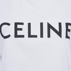 Pre Owned Celine White Logo Print Cotton Knit Crew Neck Crop Top S