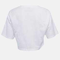 Pre Owned Celine White Logo Print Cotton Knit Crew Neck Crop Top S