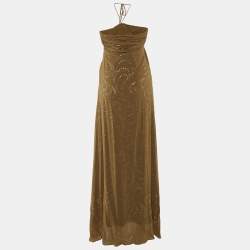 Pre Owned Celine Olive Green Embellished Silk Chiffon Strapless Maxi Dress S