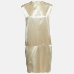 Pre Owned Celine Cream Satin V-Neck Raw-Edge Detail Knee-Length Dress L
