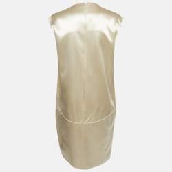 Pre Owned Celine Cream Satin V-Neck Raw-Edge Detail Knee-Length Dress L