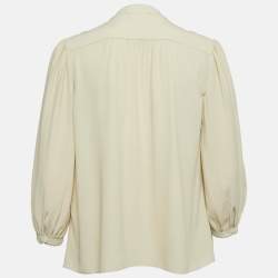 Pre Owned Celine Cream Crepe Silk Blend Lace & Neck Tie Detail Blouse S 