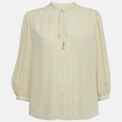 Pre Owned Celine Cream Crepe Silk Blend Lace & Neck Tie Detail Blouse S 