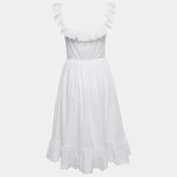 Pre Owned Celine White Cotton Floral Eyelet Frill Detail Midi Dress S