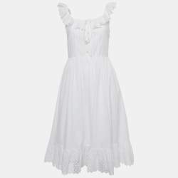 Pre Owned Celine White Cotton Floral Eyelet Frill Detail Midi Dress S