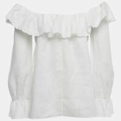 Pre Owned Celine White Cotton & Ramie Eyelet Frill Detail Prairie Blouse M