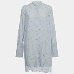 Pre Owned Celine Blue Striped Cotton Embroidered Asymmetric Hem Shirt L