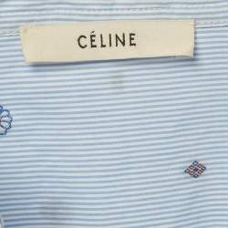 Pre Owned Celine Blue Striped Cotton Embroidered Asymmetric Hem Shirt L